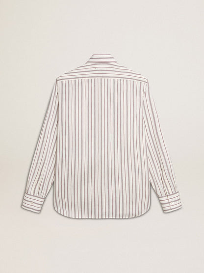 Men's white cotton shirt with fine burgundy stripes - Golden Goose Men