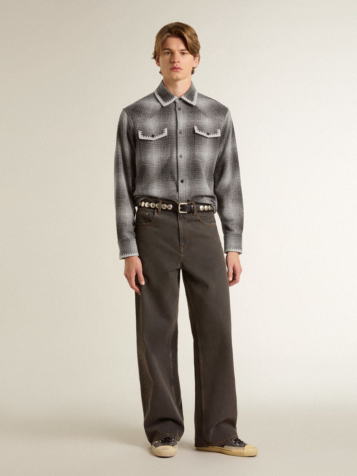 Men's gray shirt with white embroidery - Golden Goose Men