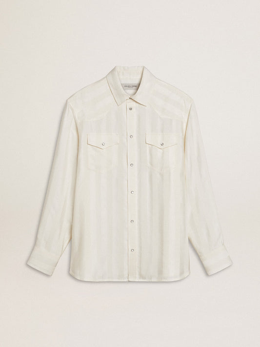 Men’s oversized worn-white shirt with vertical stripes - Golden Goose Men