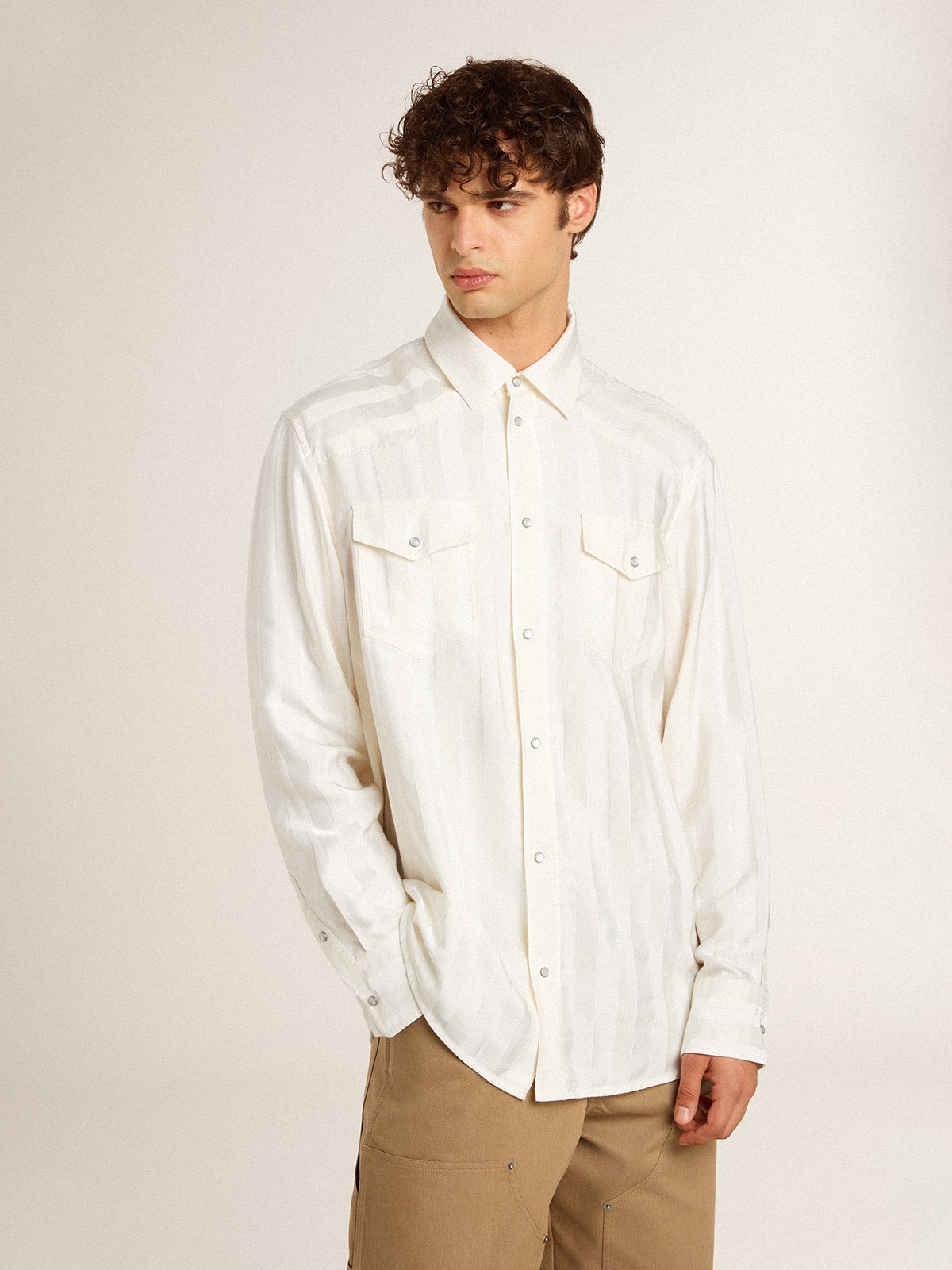 Men’s oversized worn-white shirt with vertical stripes - Golden Goose Men