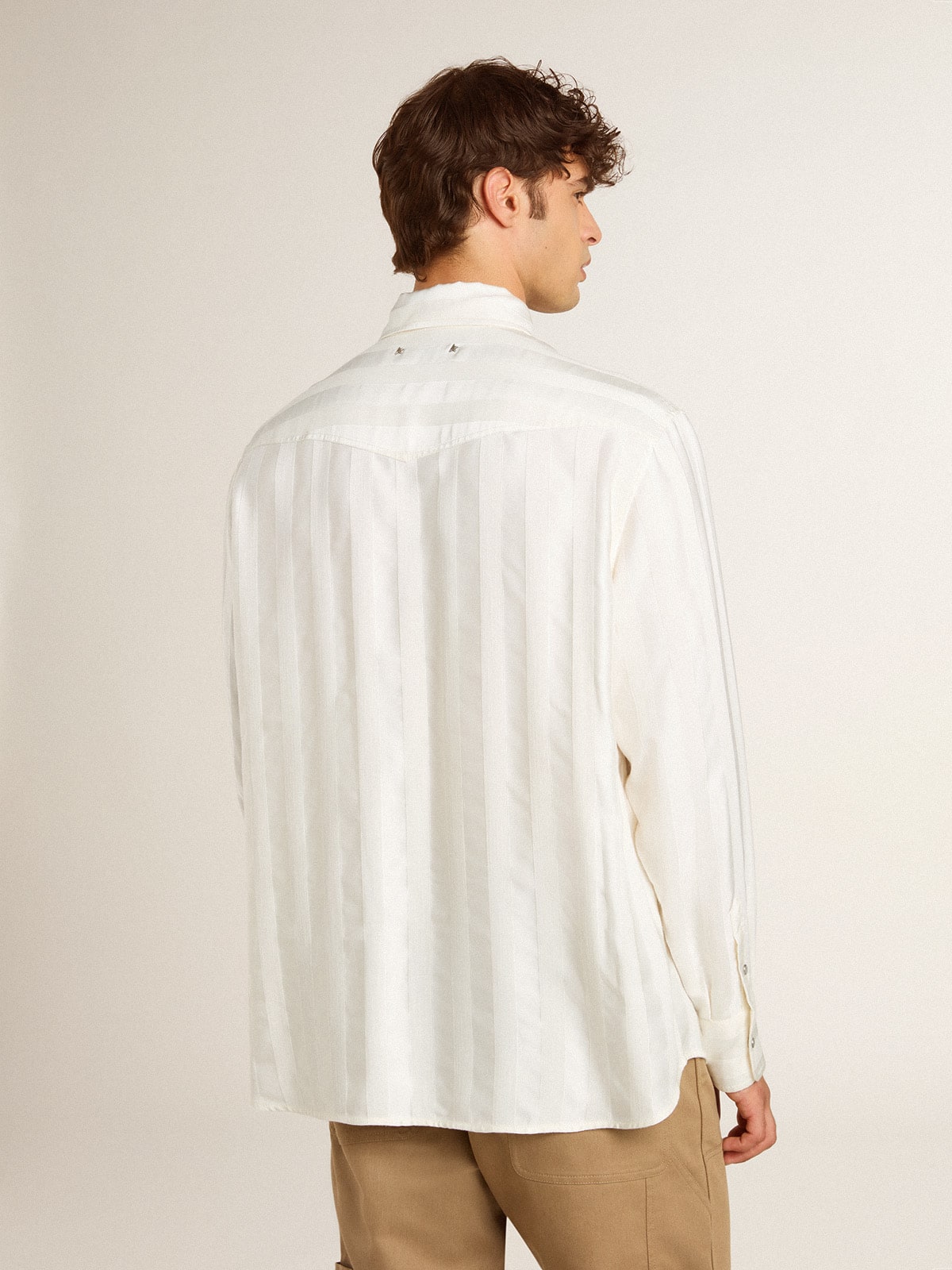 Men’s oversized worn-white shirt with vertical stripes - Golden Goose Men