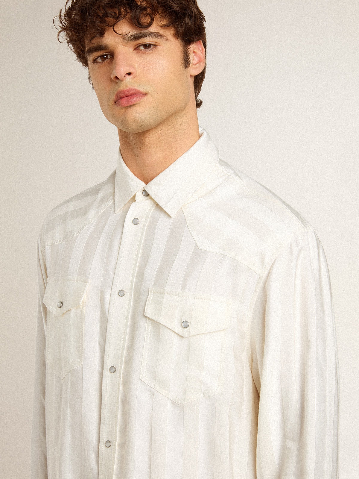 Men’s oversized worn-white shirt with vertical stripes - Golden Goose Men
