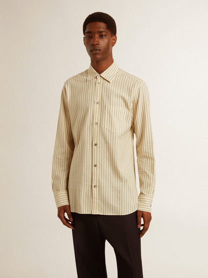 Men’s ecru cotton shirt with narrow black stripes - Golden Goose Men