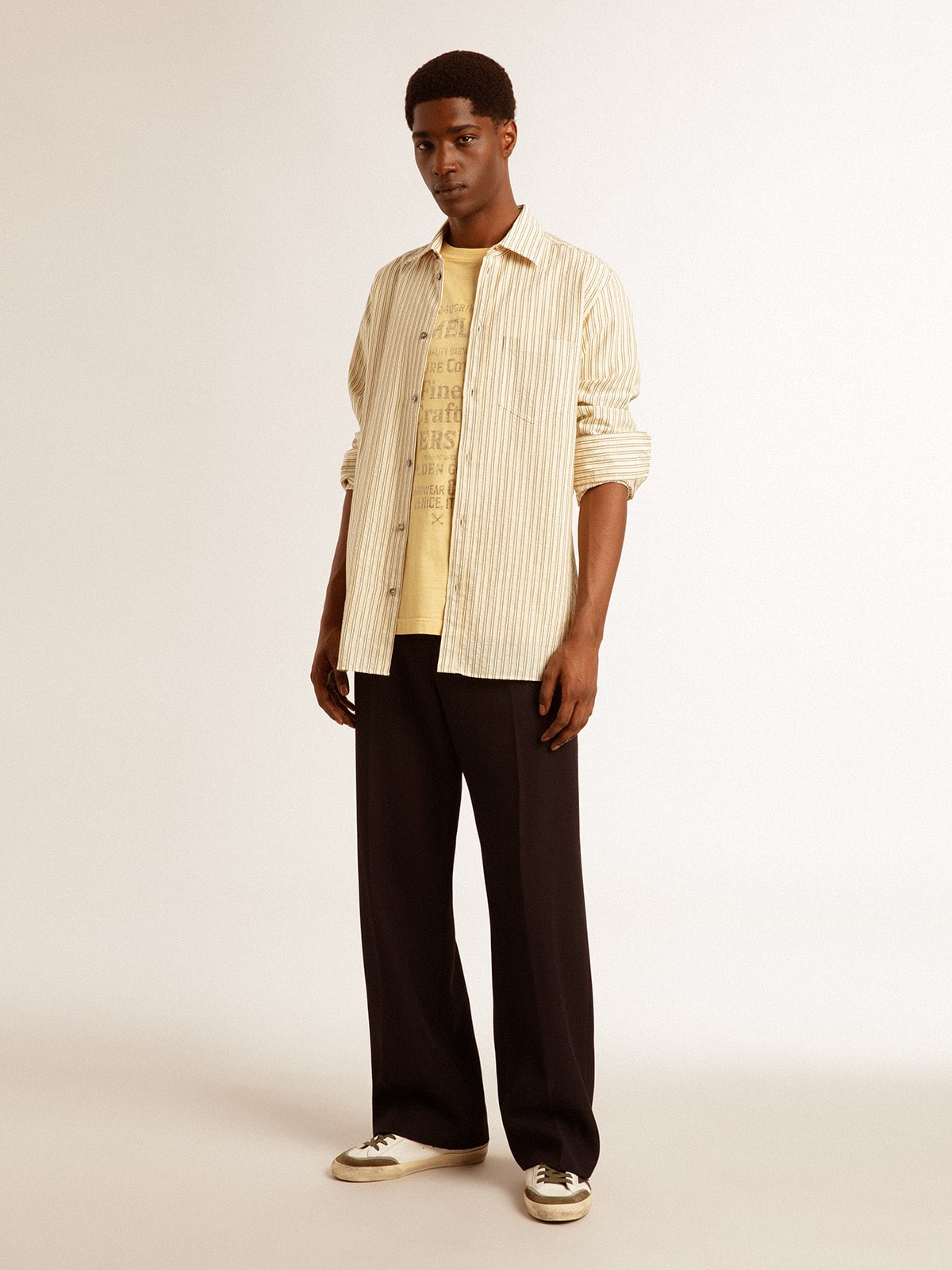 Men’s ecru cotton shirt with narrow black stripes - Golden Goose Men