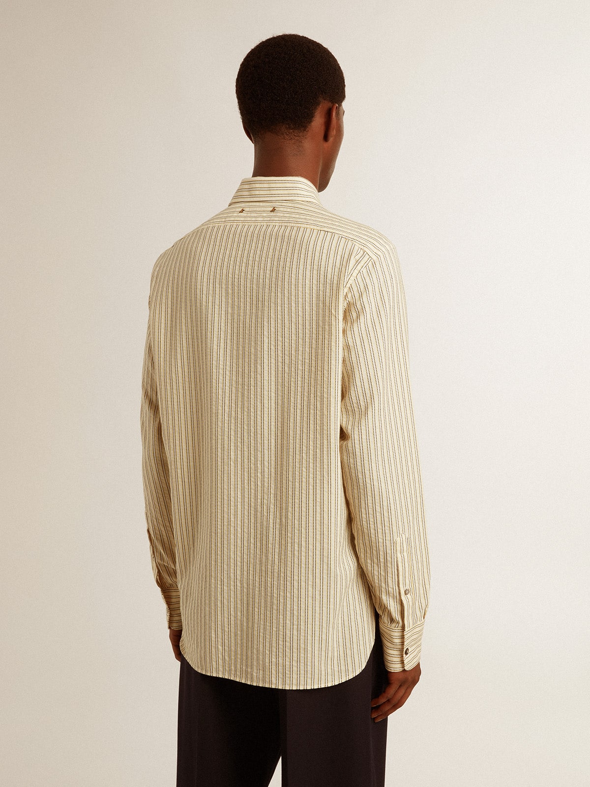 Men’s ecru cotton shirt with narrow black stripes - Golden Goose Men