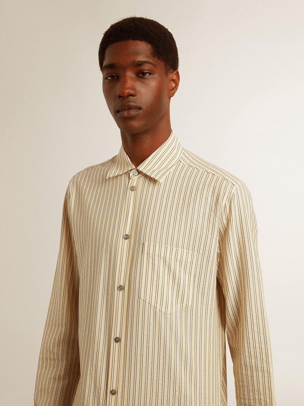 Men’s ecru cotton shirt with narrow black stripes - Golden Goose Men