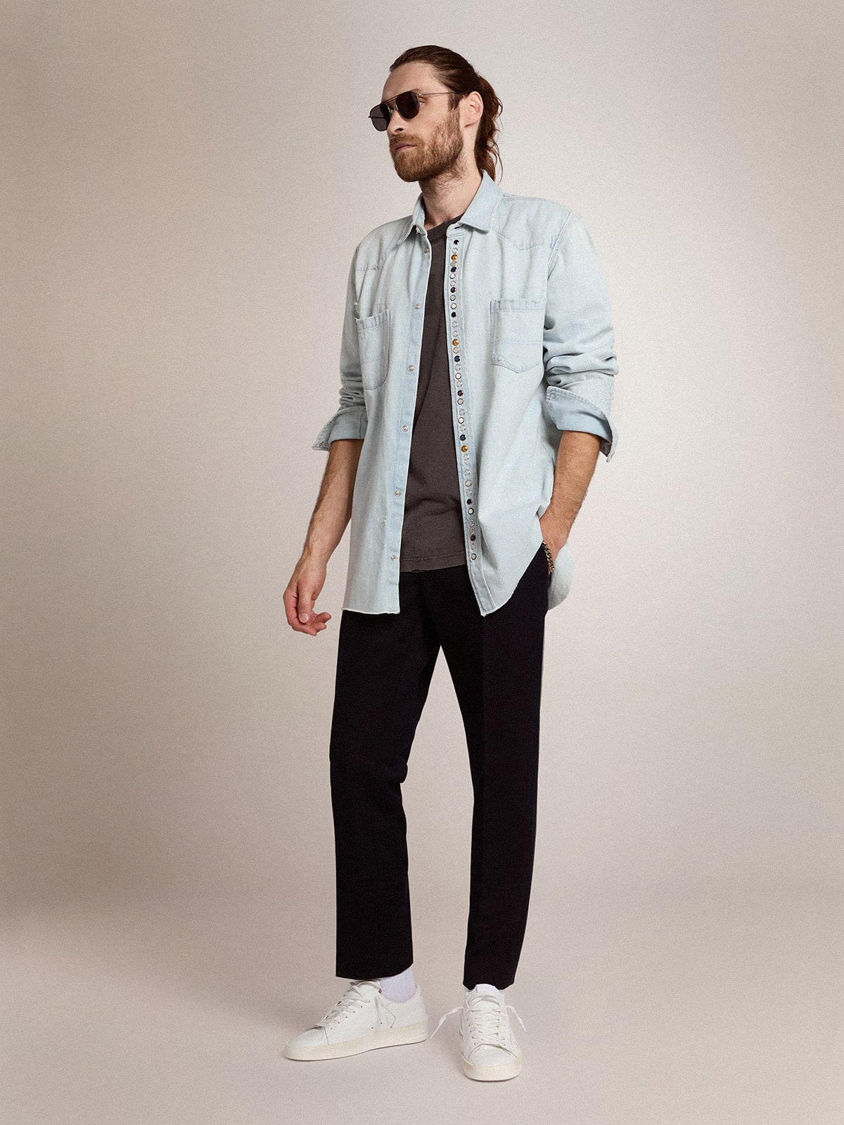 Men's bleached denim shirt with hammered studs - Golden Goose Men