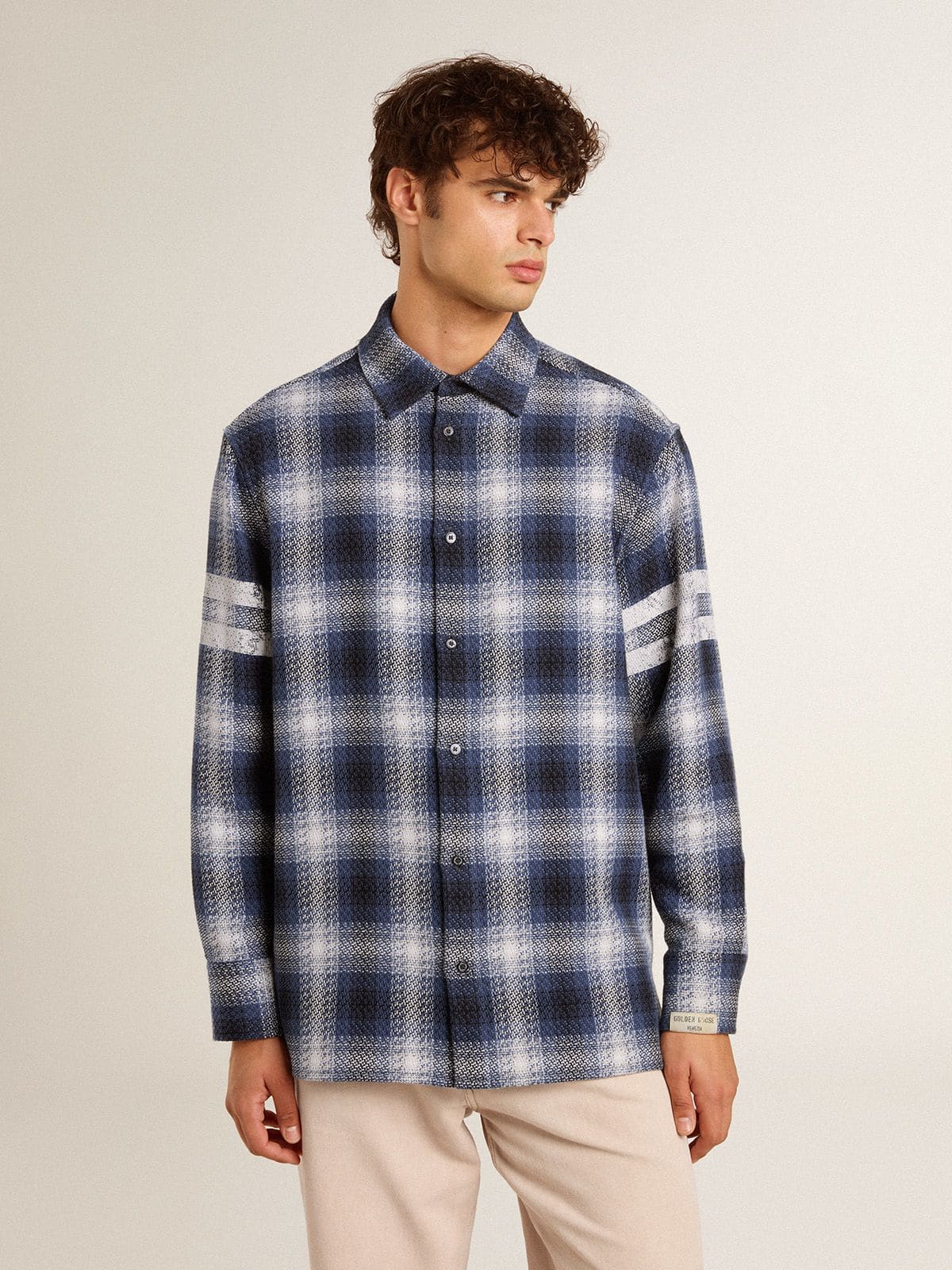 Men's blue 3D checkered shirt with print on the back - Golden Goose Men
