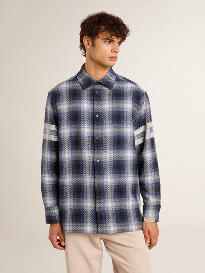 Men's blue 3D checkered shirt with print on the back - Golden Goose Men