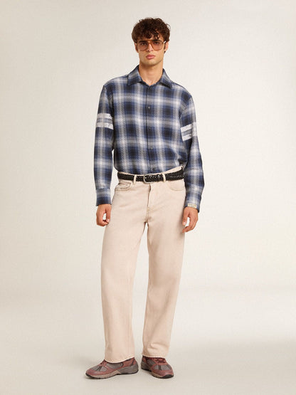 Men's blue 3D checkered shirt with print on the back - Golden Goose Men