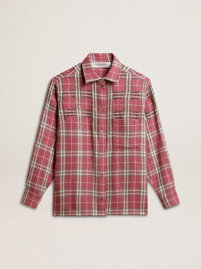 Boxy fit shirt with pink, sand and gray check embroidery - Golden Goose Men