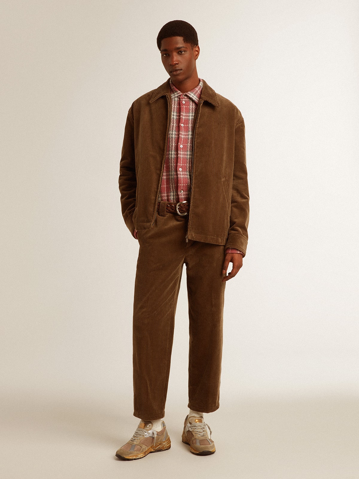 Boxy fit shirt with pink, sand and gray check embroidery - Golden Goose Men