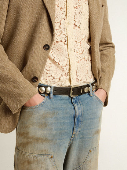 Black Trinidad belt in washed leather with studs - Golden Goose Men