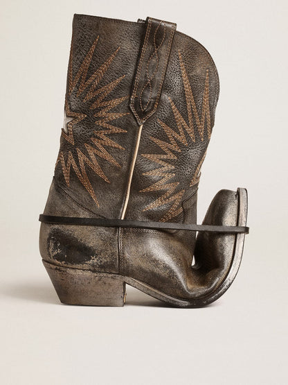 Men's low Wish Star boots in black leather with silver star - Golden Goose Men
