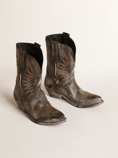 Men's low Wish Star boots in black leather with silver star - Golden Goose Men