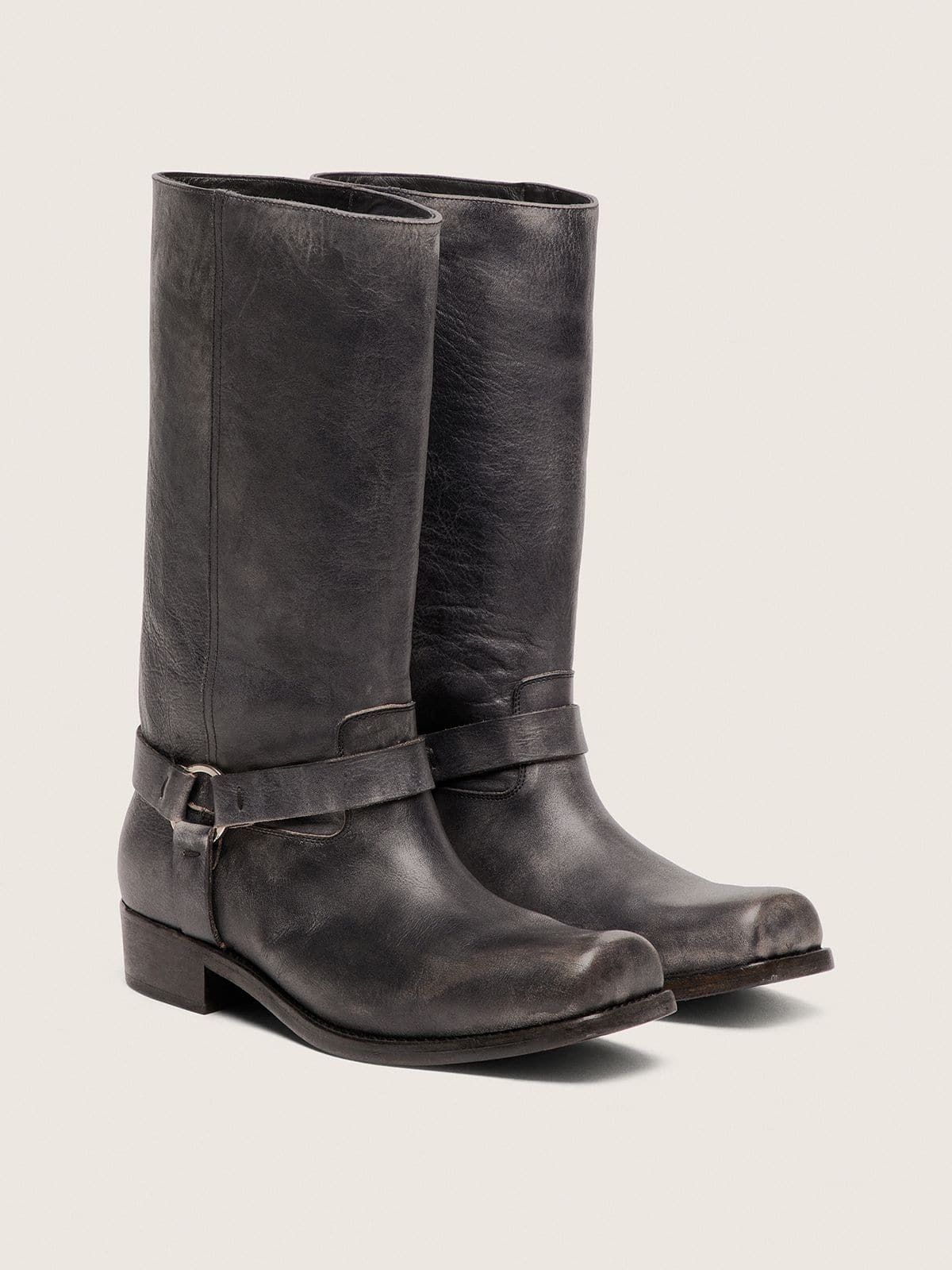 Men's high Biker boots in black leather with strap and silver-colored buckle - Golden Goose Men