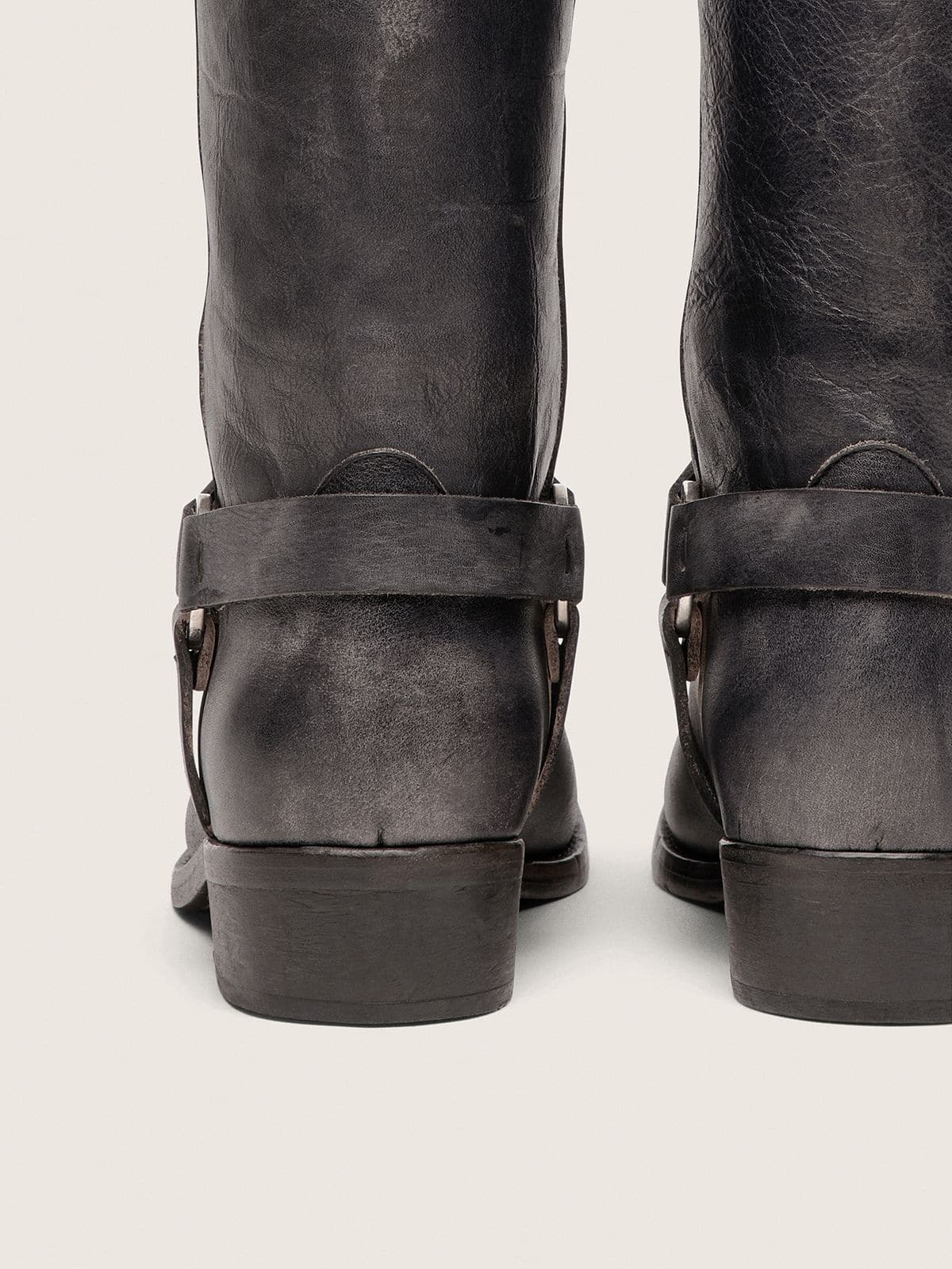 Men's high Biker boots in black leather with strap and silver-colored buckle - Golden Goose Men