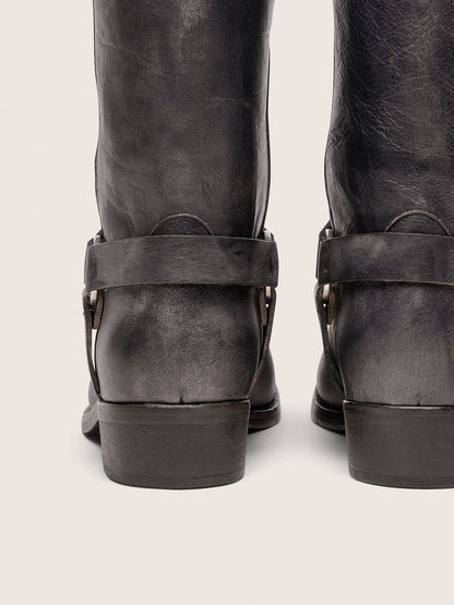 Men's high Biker boots in black leather with strap and silver-colored buckle - Golden Goose Men