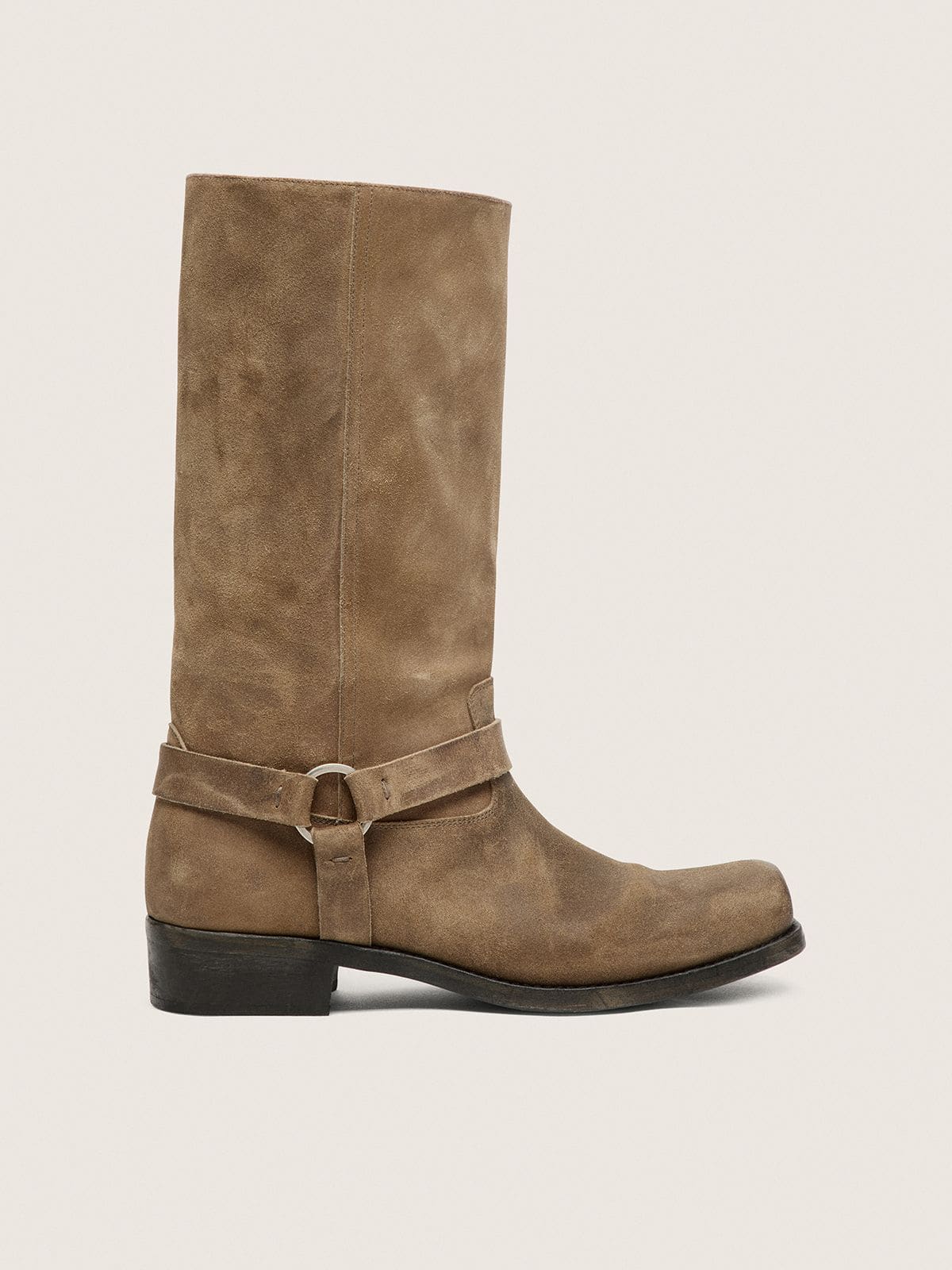 Men's high Biker boots in dark beige waxed suede with strap and a silver-colored buckle - Golden Goose Men
