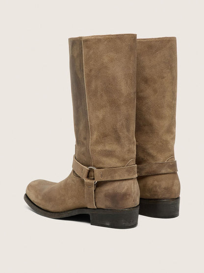 Men's high Biker boots in dark beige waxed suede with strap and a silver-colored buckle - Golden Goose Men