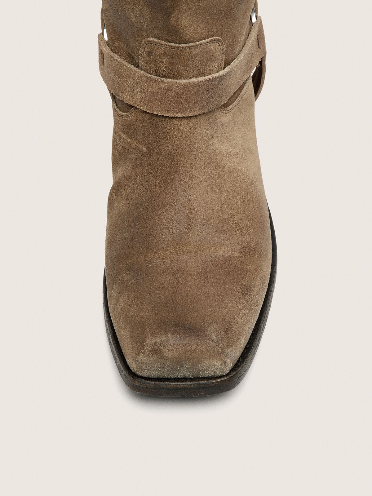 Men's high Biker boots in dark beige waxed suede with strap and a silver-colored buckle - Golden Goose Men