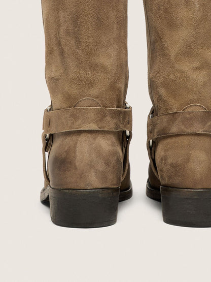 Men's high Biker boots in dark beige waxed suede with strap and a silver-colored buckle - Golden Goose Men