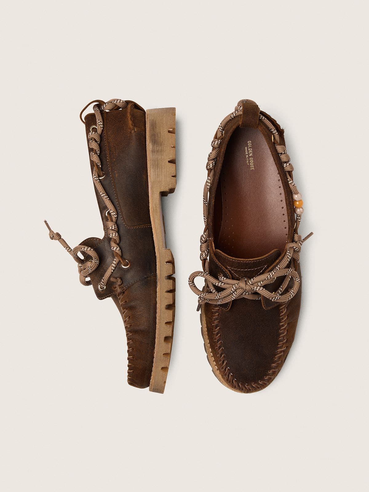 Men's Cruise loafers in brown waxed suede with dove gray hiking laces - Golden Goose Men