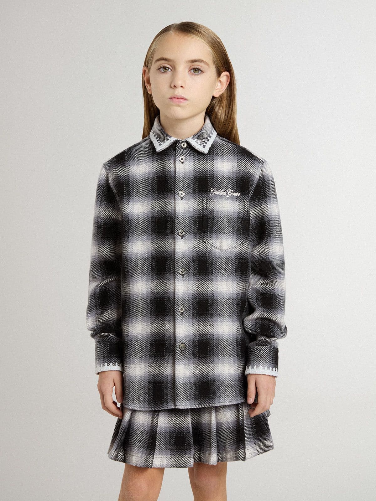 Kids' black and white checked shirt with white embroidery - Golden Goose Kids