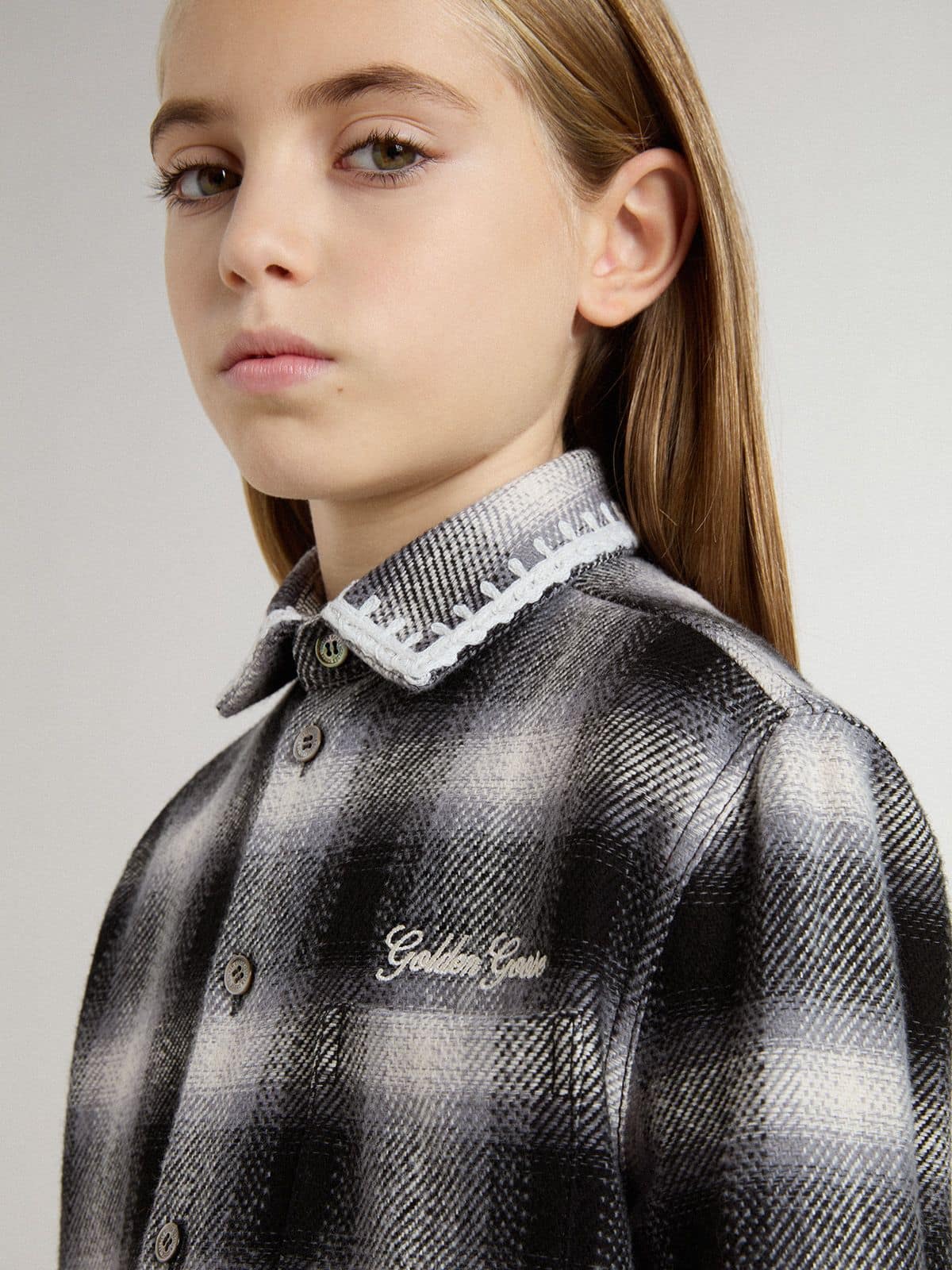 Kids' black and white checked shirt with white embroidery - Golden Goose Kids