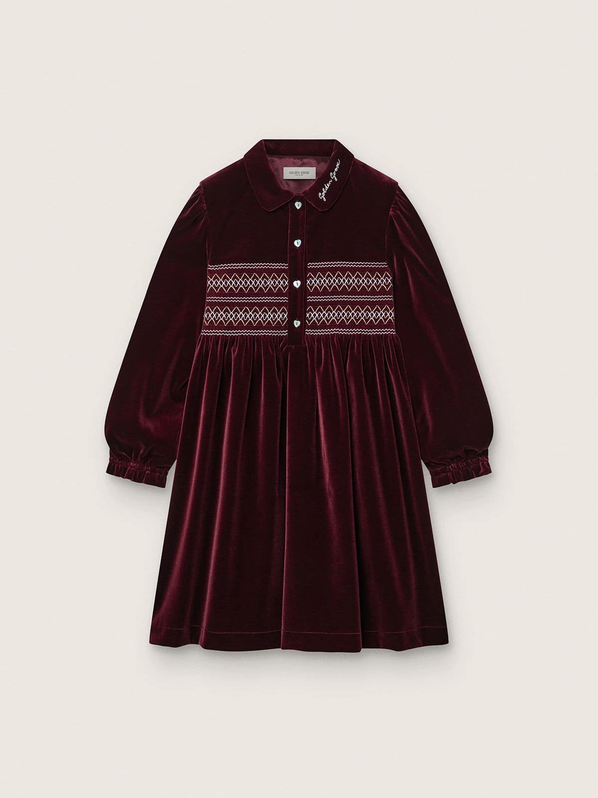 Girls’ burgundy velvet-effect dress with embroidery on the front - Golden Goose Kids