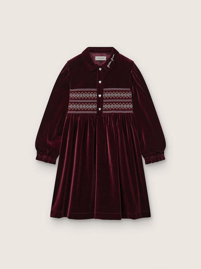 Girls’ burgundy velvet-effect dress with embroidery on the front - Golden Goose Kids