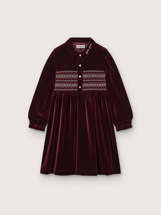 Girls’ burgundy velvet-effect dress with embroidery on the front - Golden Goose Kids