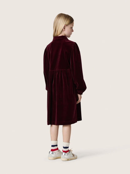Girls’ burgundy velvet-effect dress with embroidery on the front - Golden Goose Kids