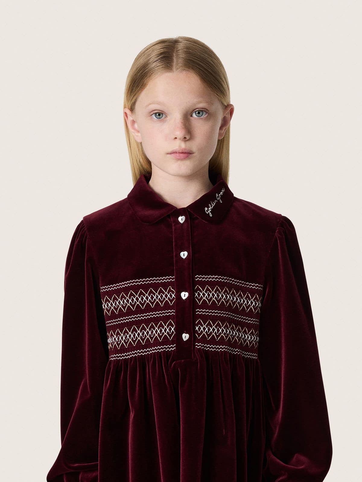 Girls’ burgundy velvet-effect dress with embroidery on the front - Golden Goose Kids