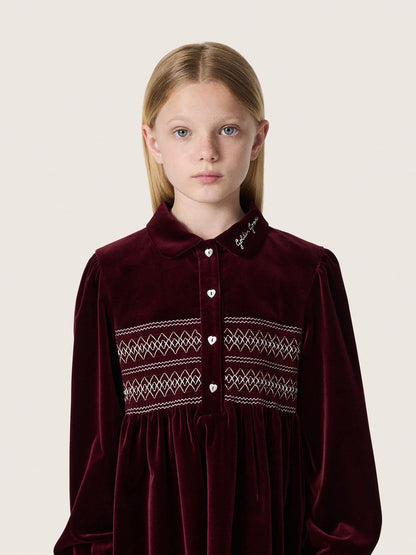 Girls’ burgundy velvet-effect dress with embroidery on the front - Golden Goose Kids