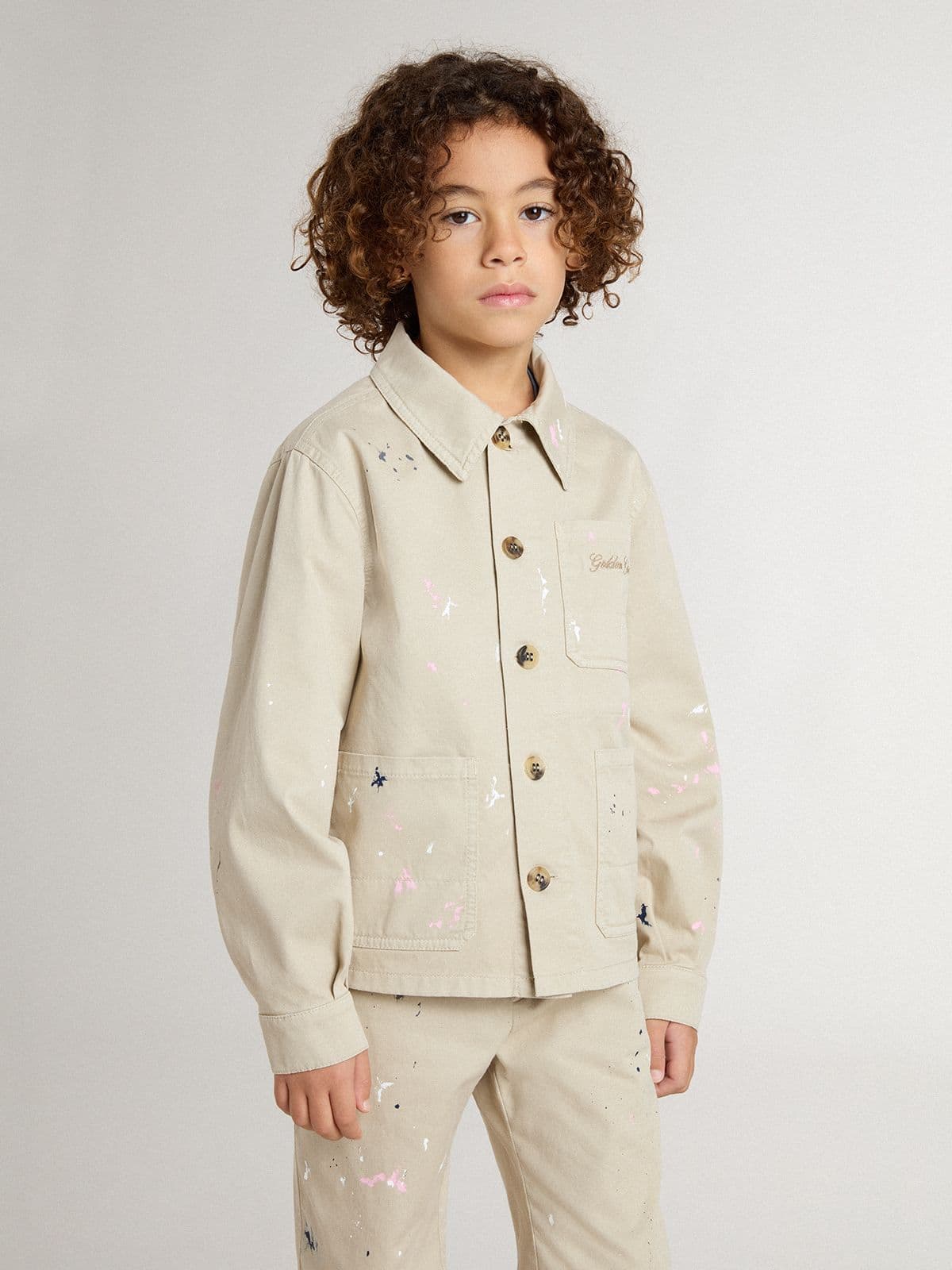 Kids’ beige jacket with multicolor splashes - Golden Goose Kids
