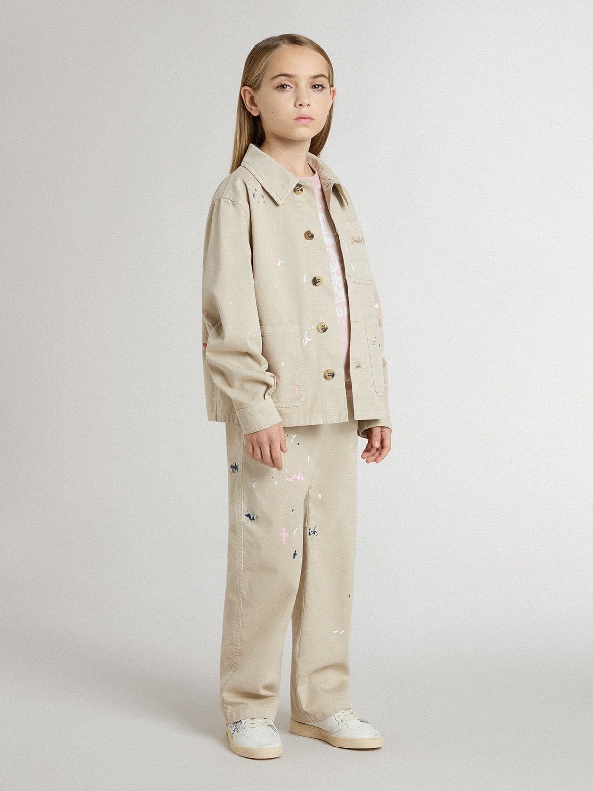 Kids’ beige jacket with multicolor splashes - Golden Goose Kids