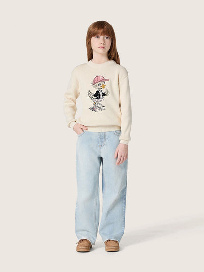 Golden girls’ sweater in white cotton yarn with mascot embroidery - Golden Goose Kids