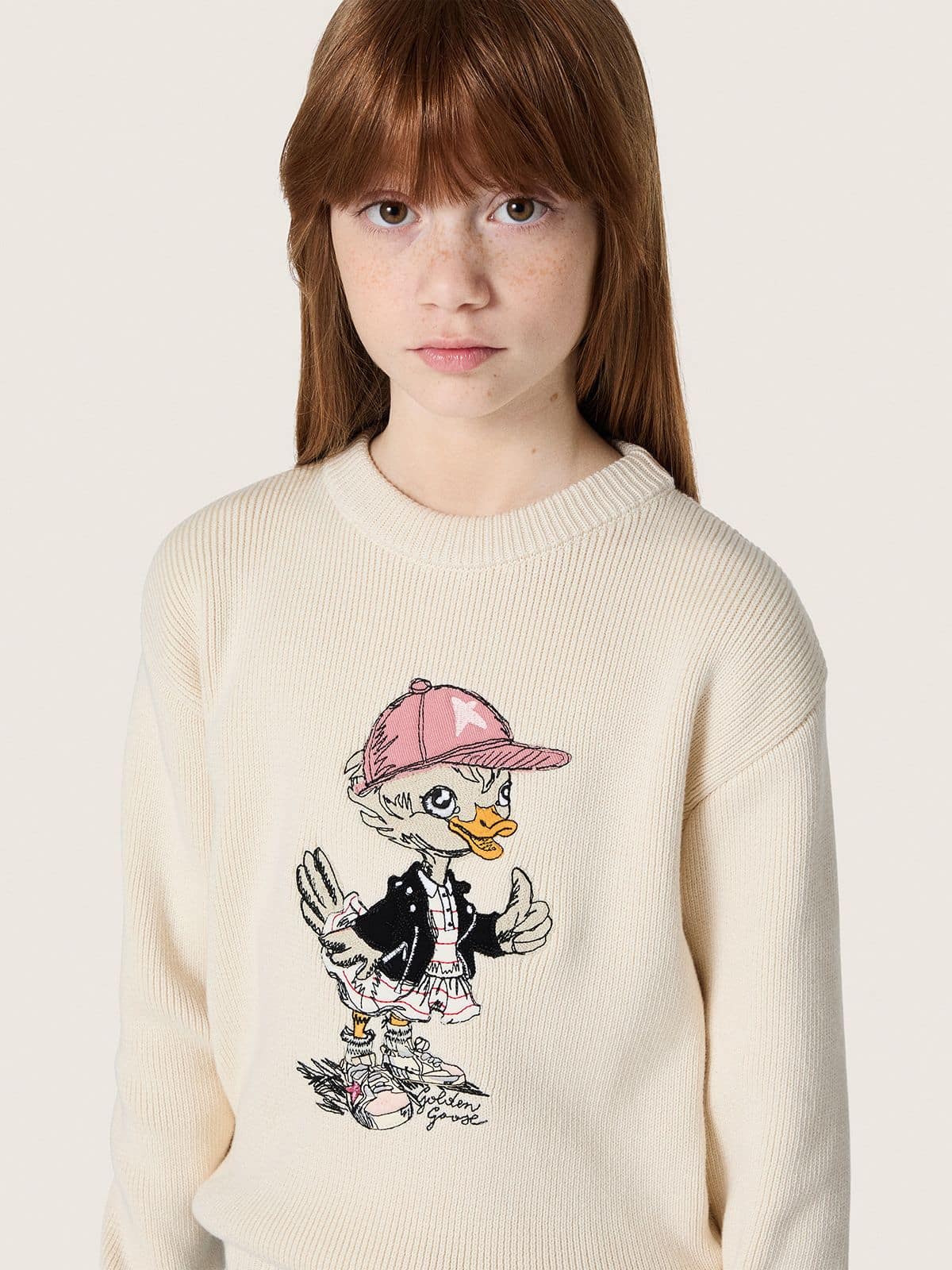 Golden girls’ sweater in white cotton yarn with mascot embroidery - Golden Goose Kids