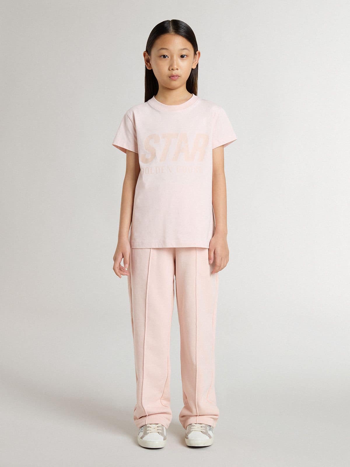 Girls' pink T-shirt with pink print on the front - Golden Goose Kids