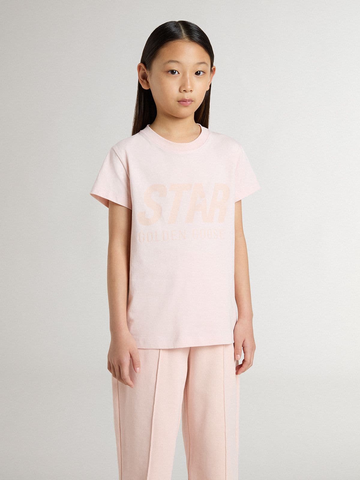 Girls' pink T-shirt with pink print on the front - Golden Goose Kids