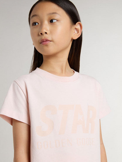 Girls' pink T-shirt with pink print on the front - Golden Goose Kids