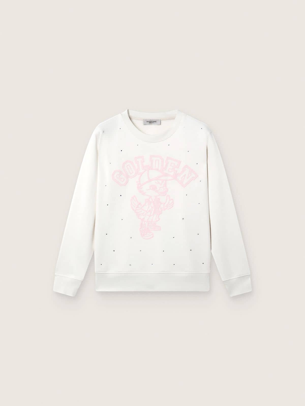 Journey white cotton crew-neck sweatshirt for girls with mascot print and crystal appliqués - Golden Goose Kids