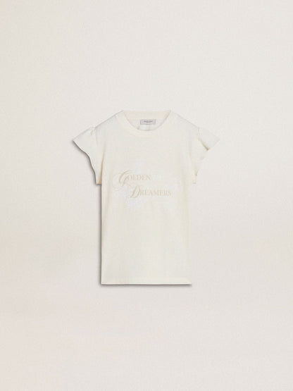 Girls' T-shirt with ruffled sleeves with lettering and embroidery - Golden Goose Kids