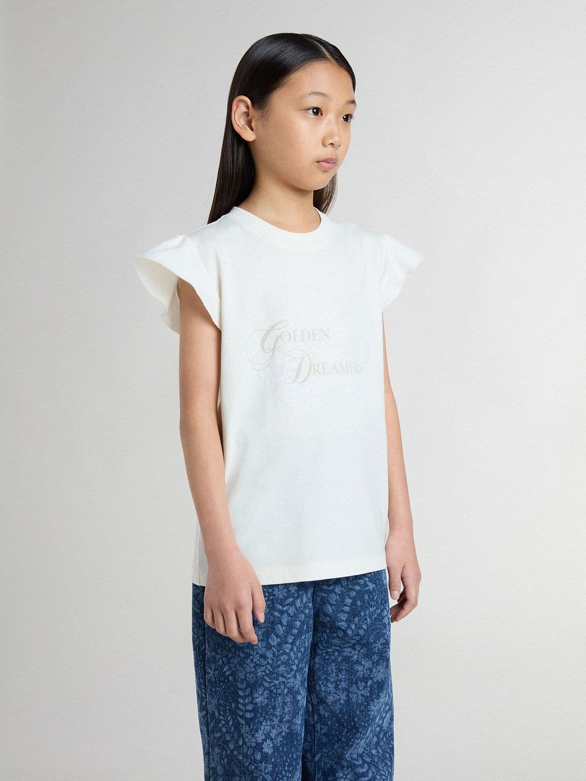Girls' T-shirt with ruffled sleeves with lettering and embroidery - Golden Goose Kids