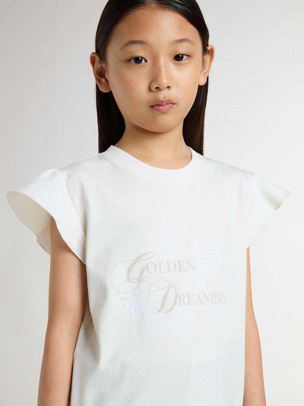 Girls' T-shirt with ruffled sleeves with lettering and embroidery - Golden Goose Kids