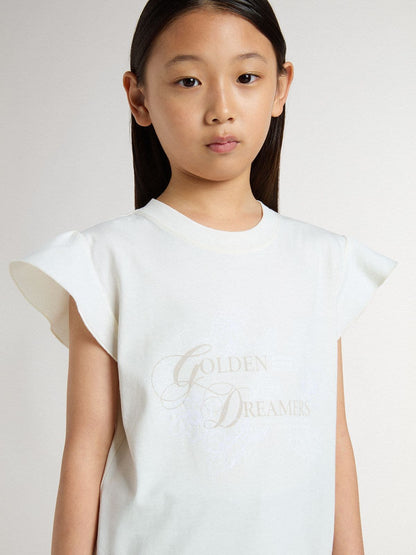 Girls' T-shirt with ruffled sleeves with lettering and embroidery - Golden Goose Kids
