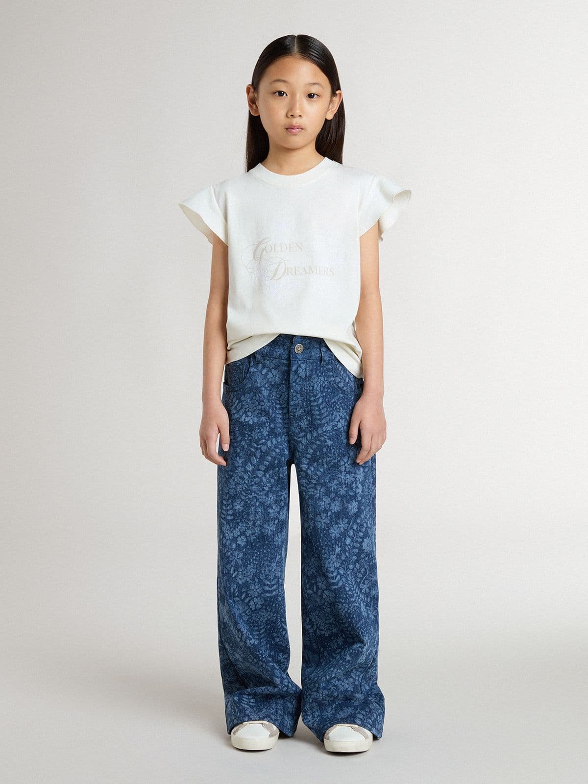Girls' T-shirt with ruffled sleeves with lettering and embroidery - Golden Goose Kids