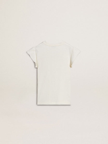 Girls' T-shirt with ruffled sleeves with lettering and embroidery - Golden Goose Kids
