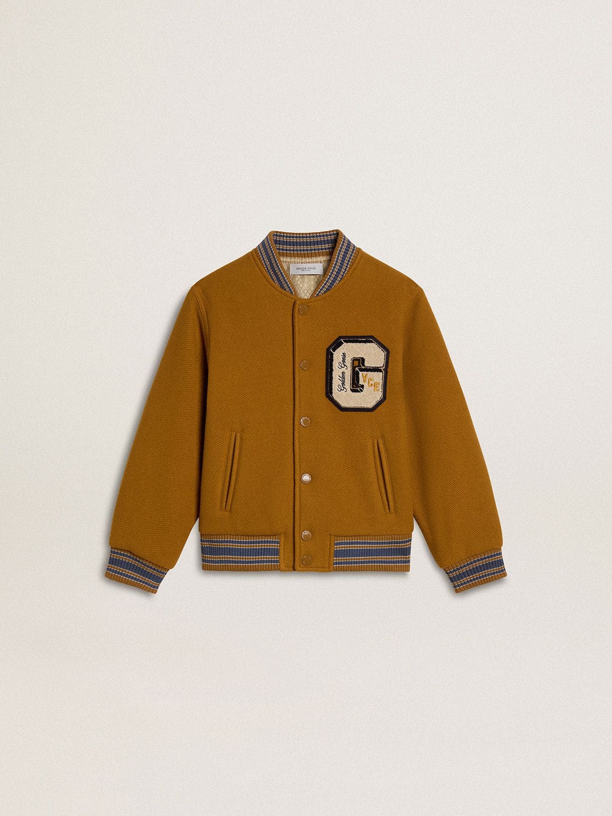 Kids’ wool bomber jacket in ochre yellow with patch - Golden Goose Kids